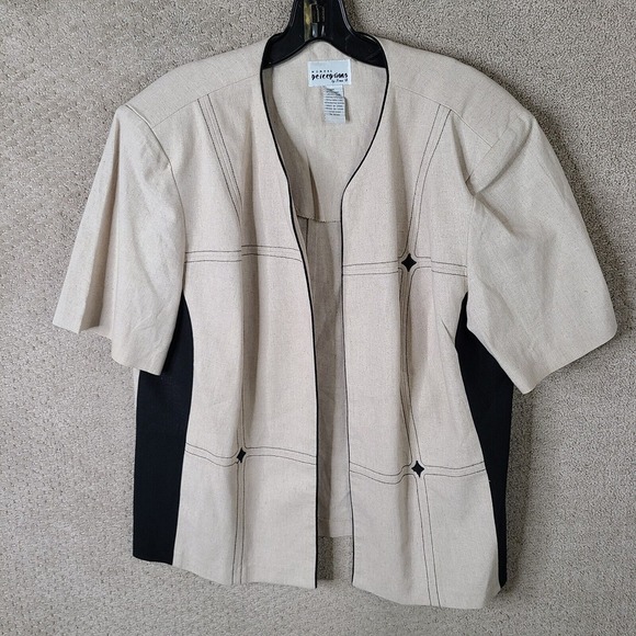 Vintage Perceptions Jacket Womens 14W Beige Black Linen Blend Blazer Open Front‎ - Picture 1 of 10